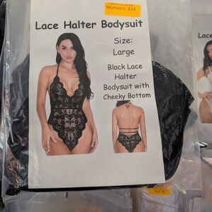 New Women's Black Lace Halter Bodysuit